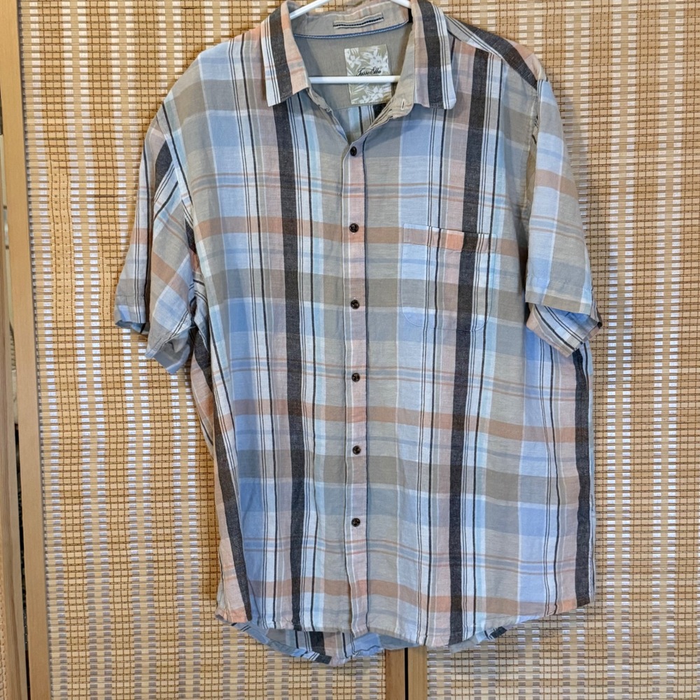 Tasso Elba Island Mens XXL Linen Cotton Plaid Short Sleeve Button Down Shirt